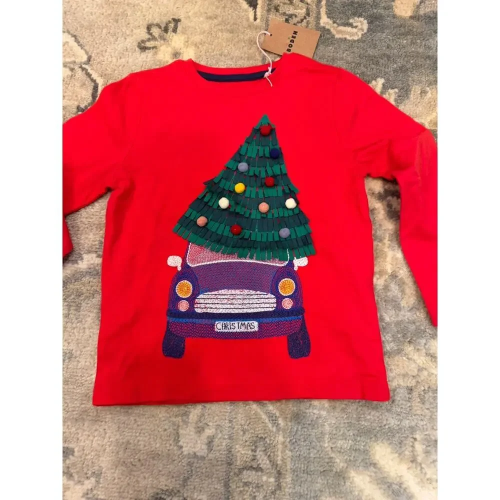 Mini Boden super stich Christmas Tree Appliqué long Sleeve Tee Shirt 3-4 Years